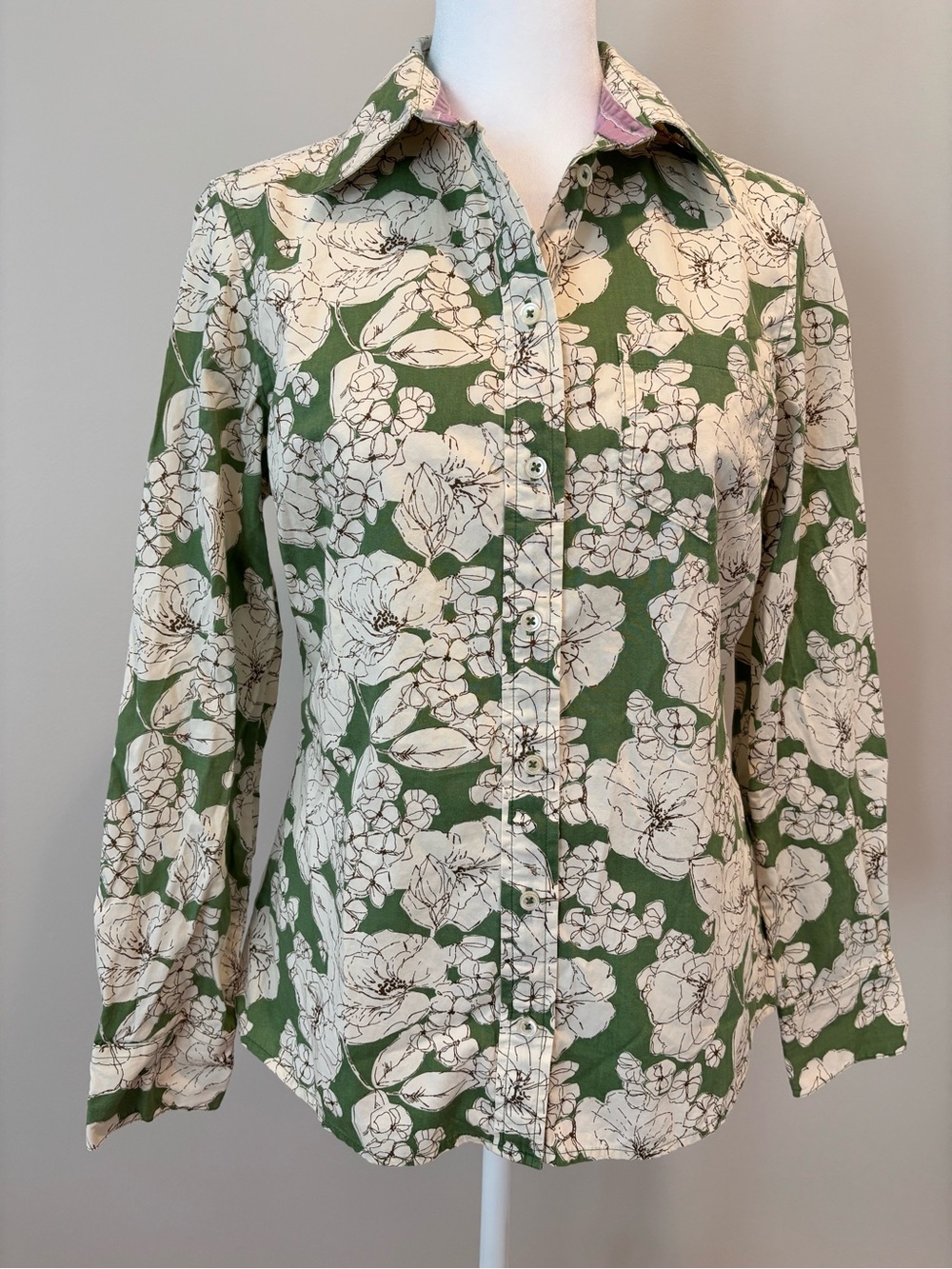 Boden Fitted Button Up Blouse Green Floral Women’s Size 10 *Very Good Used Cond*